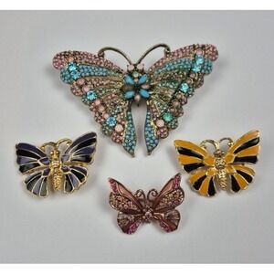 Vtg Butterfly Pin Lot of 4 w/ Liz Claiborne Gold Tone Brooches Rhinestone Insect